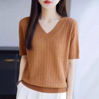 Dệt Kim Tay Ngắn Nữ Ice Silk Mùa Hè Áo Thun Cổ Chữ V Phong Cách Mới Rỗng Mỏng Top