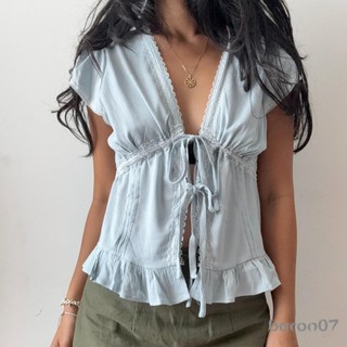 [xRsR] Áo Sơ Mi Nữ Tay Ngắn Buộc Ren Chắp Vá Slim Fit Áo Sơ Mi Mùa Hè
