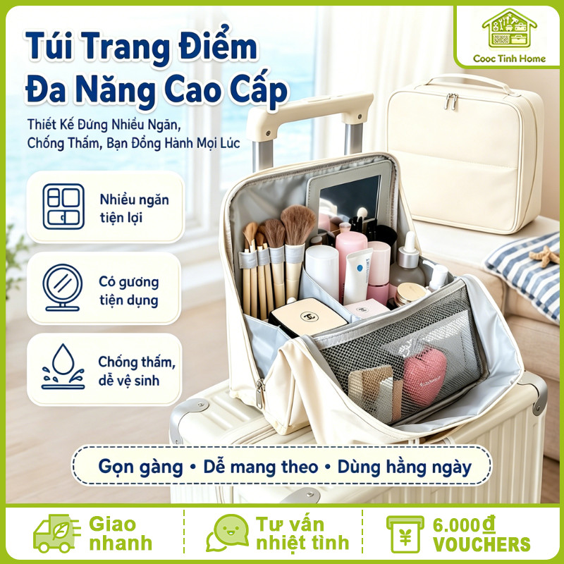 Túi Trang Điểm Đa Năng Cao Cấp - Thiết Kế Đứng Nhiều Ngăn, Chống Thấm, Bạn Đồng Hành Mọi Lúc