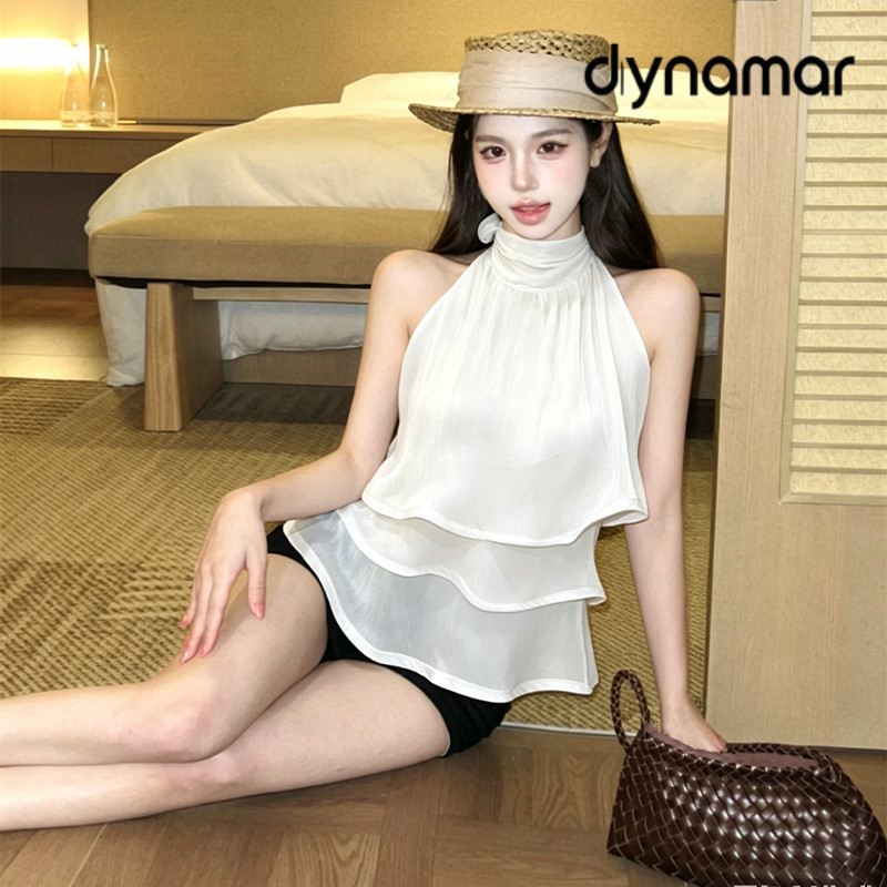 【dynamar】Áo Cami kiểu Pháp bóng bẩy dành cho nữ, viền bèo nhún, buộc dây, cổ yếm, hở lưng, không tay, dáng ôm