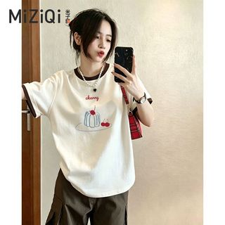 [MIZIQI] Áo thun ngắn tay Cotton nguyên chất màu tương phản dành cho nữ, Áo thun nữ dáng rộng thon gọn hơn