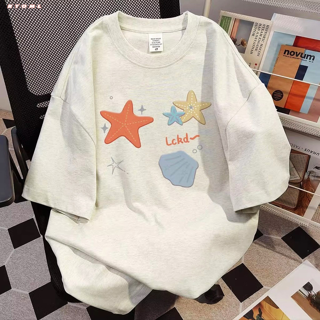 （Giao hàng 24h）Angela Áo phông nam nữ xám ghi form rộng In hình sao biển áo thun mùa hè hàn quốc Local Brand