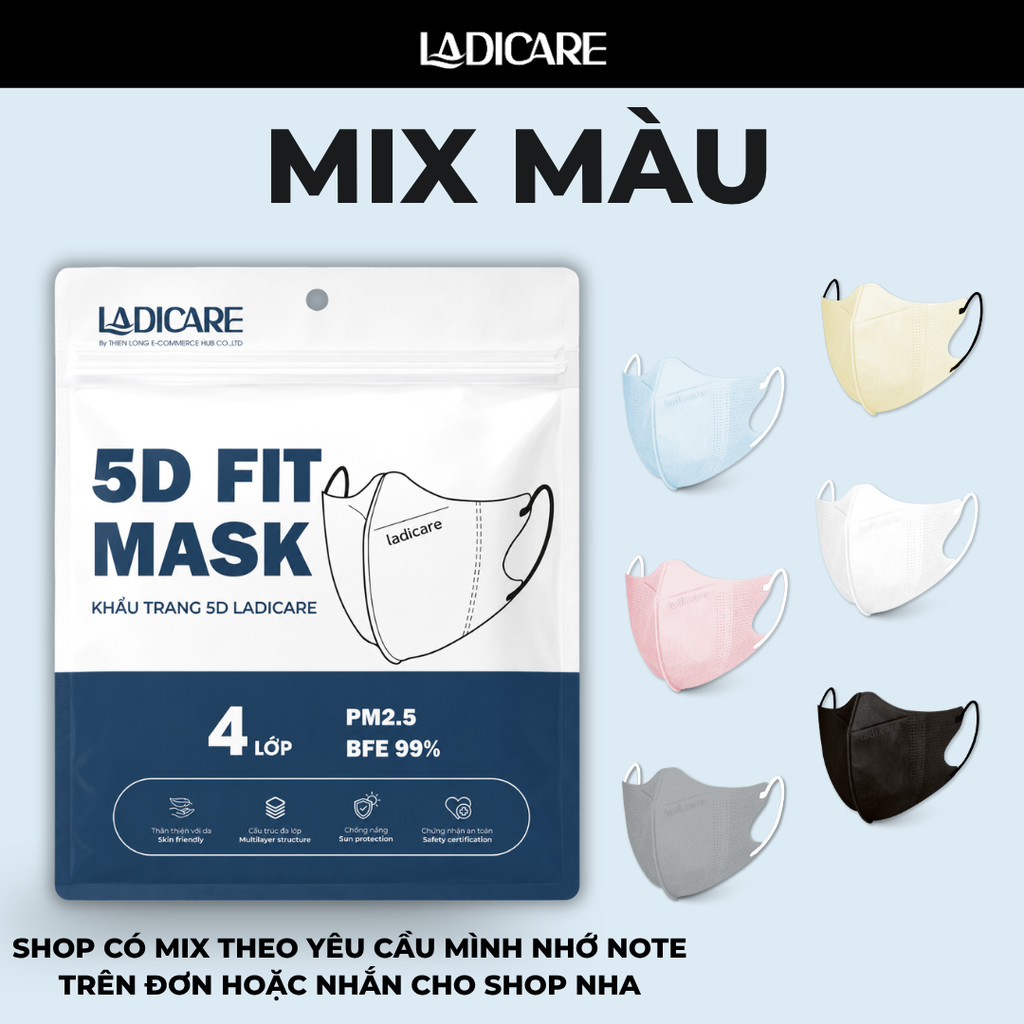 [Thùng 100Cái] Khẩu trang 5D Mask Ladicare cao cấp, lọc bụi PM2.5, kháng khuẩn, form vừa vặn, êm ái