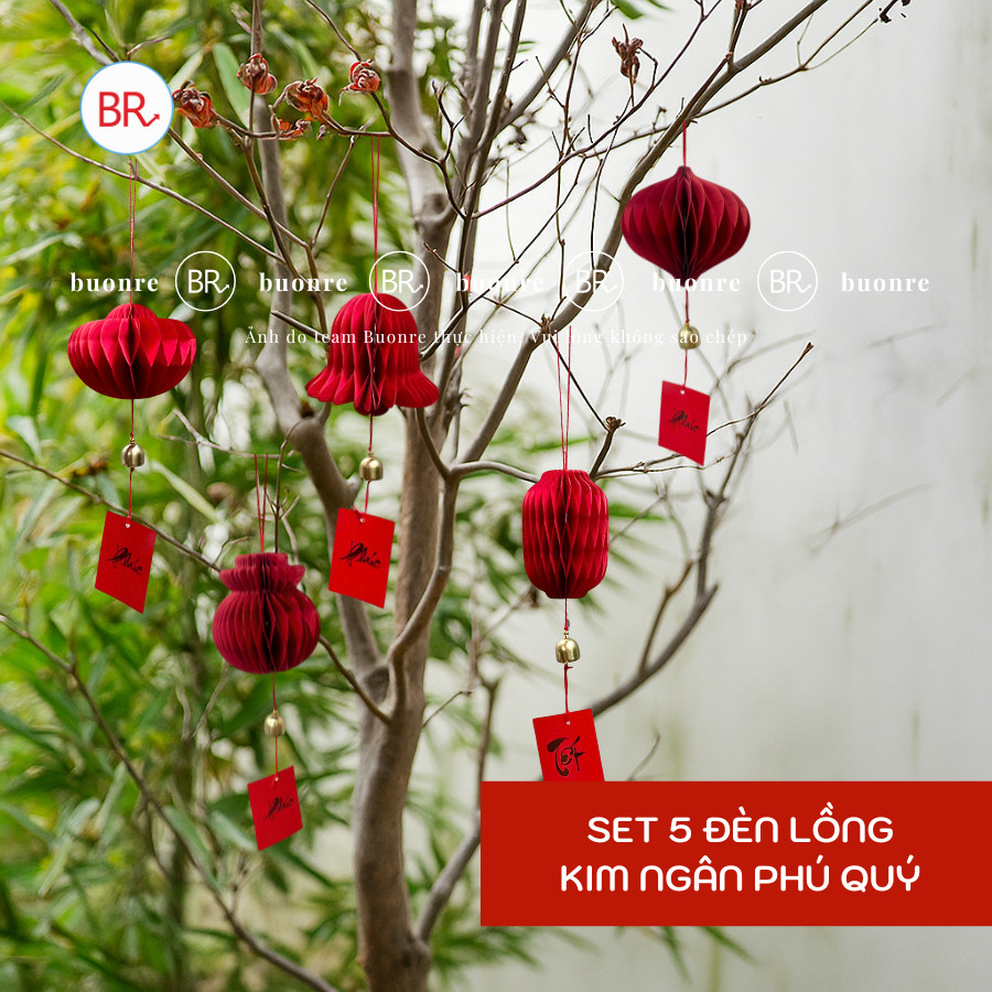 Set 5 đèn lồng xếp kèm chuông và thẻ thư pháp,phụ kiện trang trí Tết đón may mắn, tài lộc ANGIHOME