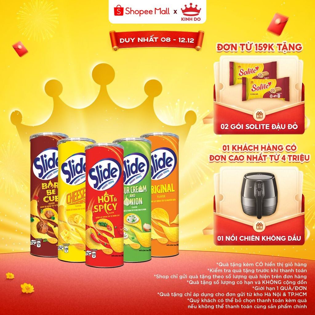 Bánh Lát Snack Khoai Tây Slide Vị Ngẫu Nhiên (Tự Nhiên, Thịt Nướng, Phô Mai, Kem Chua & Hành, Thơm Cay), Combo 5 Lonx90g