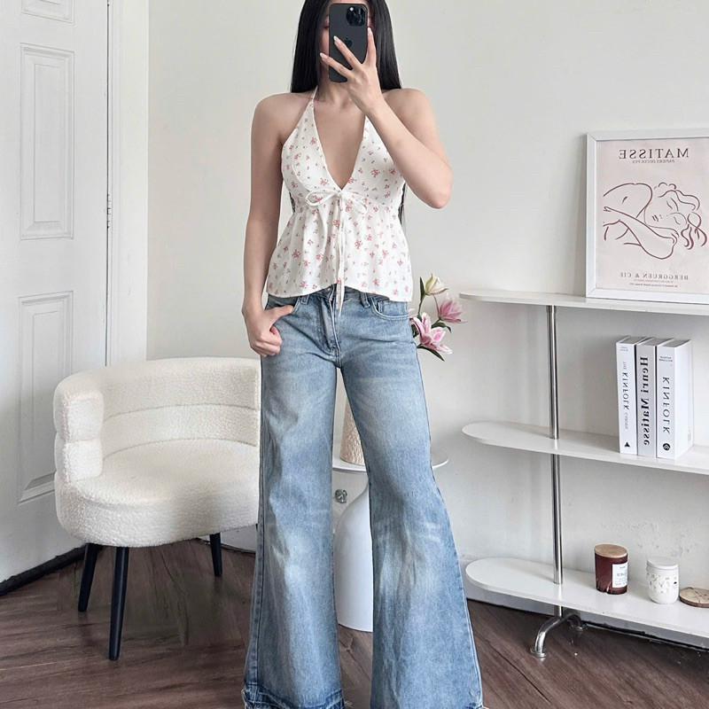 Áo Yếm Nữ Hở Lưng Hoa Nhí Cột Dây Sẵn Đệm Mút Chất Linen