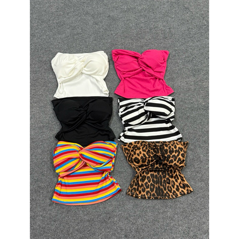 [ A-108 ] Áo ống croptop xoắn nơ có mút chất vải thun gân len 4 chiều Free Size dưới 54kg
