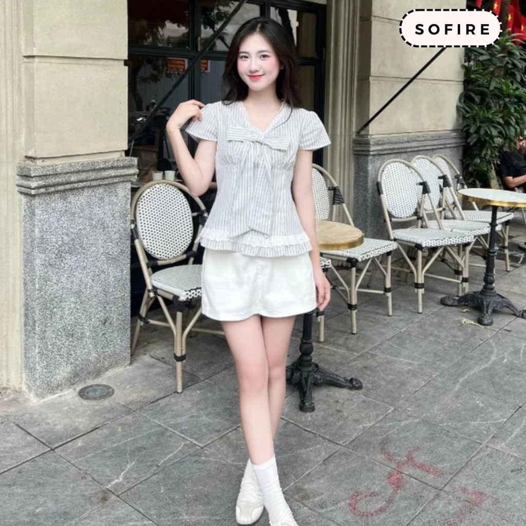 Áo Sơ Mi Kẻ Sọc Cổ Tim Kèm Nơ To Phối Ren Xinh Xắn Sofire, Áo Kiểu Nữ Viền Bèo Gấu Dễ Thương Thời Trang Mùa Hè -NT1