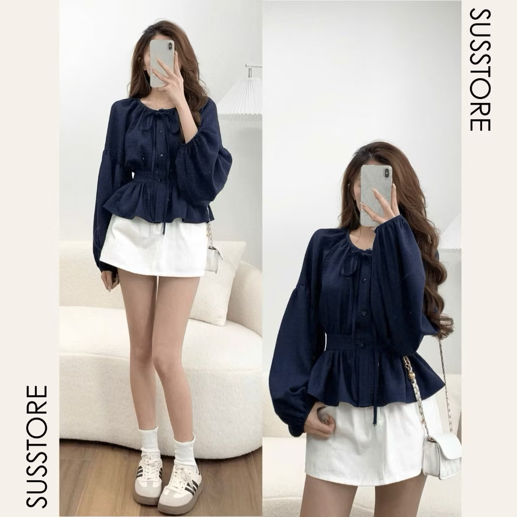 Áo Sơ Mi Cổ Nơ Tay Bồng Thân Bo Eo Chun Lưng Chất Đũi A3168 Kenco clothing.saigon Thời Trang Nữ