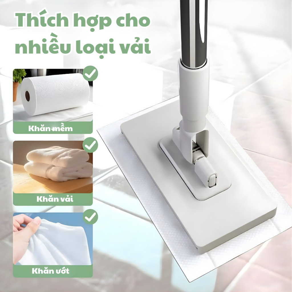 Cây Lau Nhà Kẹp Khăn Với Đầu Xoay 360°  Tiện Lợi Lau Sạch Mọi Ngóc Ngách, Tặng Kèm 2 Khăn