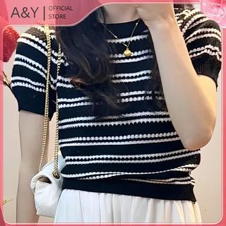 A & Y Mùa Hè Mới Thời Trang Sọc Tay Ngắn Màu Trơn Đa Năng Giảm Tuổi Áo Thun Dệt Kim Giảm Béo Hàng Đầu.