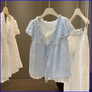 GN Nữ Cổ Chữ V top Tai Gỗ Hoa Áo Sơ Mi Tay Ngắn Giả Hai Mảnh Rời Giảm Tuổi Áo Búp Bê NG
