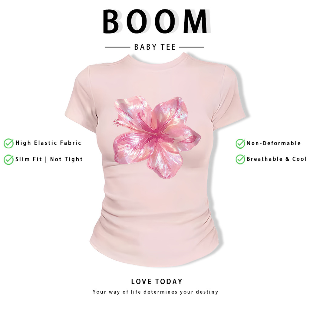 BOOM Áo Baby Tee Nữ Cotton Ôm Body-Áo Thun Ngắn Tay Y2K In Hình PhongCách Mùa Hè, Cổ Tròn Hàng Đầucách hàn quốc phongC46