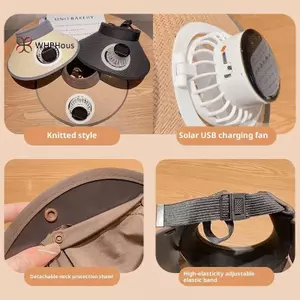 < WHPHous-t > Mũ câu cá có thể điều chỉnh vành rộng 18cm Chống tia cực tím Quạt chạy bằng năng lượng mặt trời Mũ chống nắng để làm việc ngoài trời Đẹp