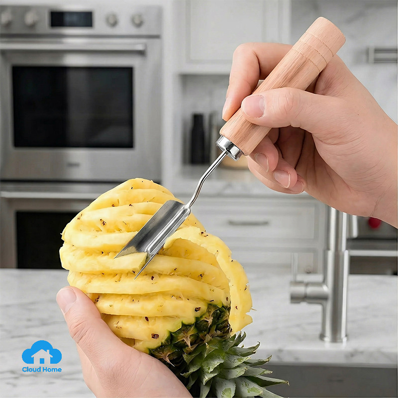 Dụng cụ gọt mắt dứa bằng thép không gỉ, cán gỗ, hình chữ V, hiệu quả.