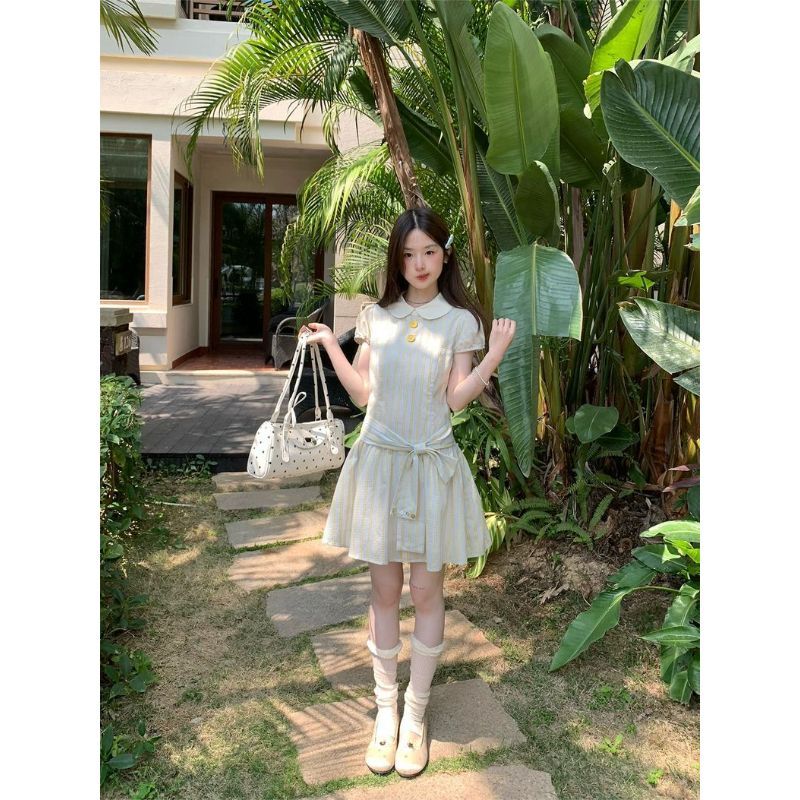 [Những điều tốt đẹp Hàng mới về] Cổ búp bê sọc ngắn tay phong cách ngọt ngào kiểu Pháp Váy ngắn hẹp mùa hè Phong cách mới Váy ngắn giảm tuổi nhỏ