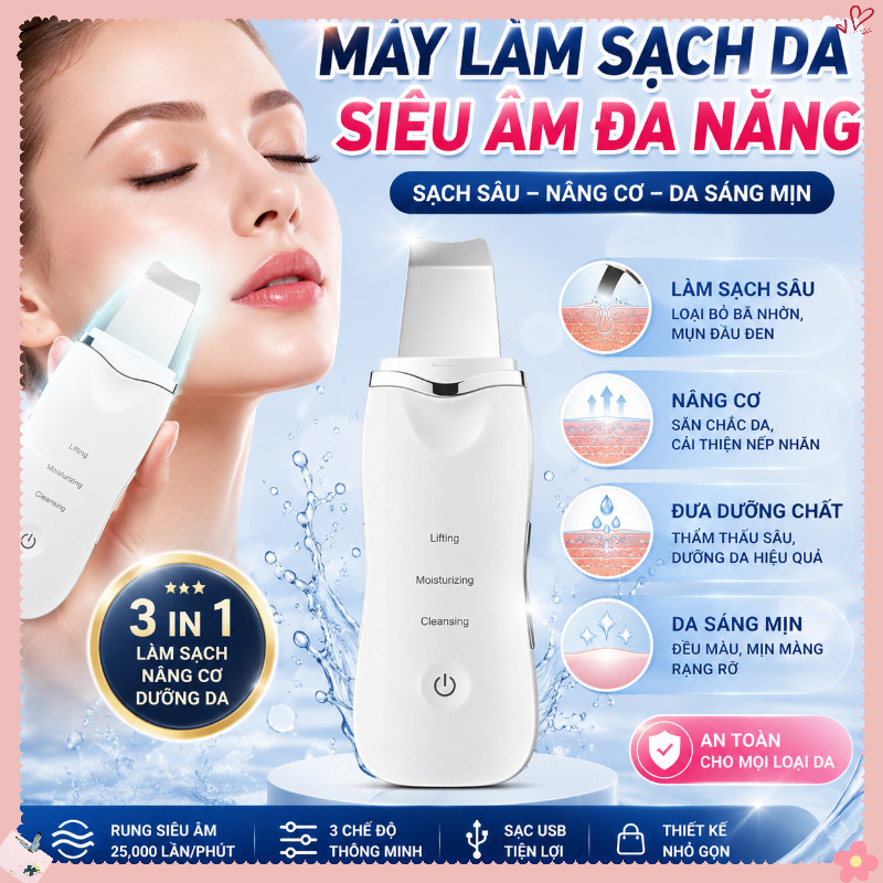 Máy Sủi Da Chết Siêu âm – Công Nghệ Ultrasonic, Loại Bỏ Mụn đầu đen Và Tế Bào Chết, Làm Sạch Sâu Mà Không Gây đau Rát