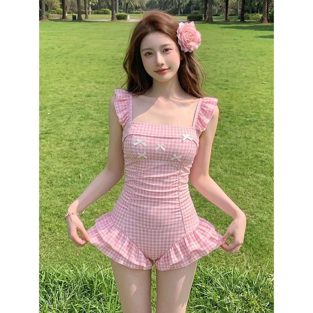 Đồ Bơi Nữ 1 Mảnh Kẻ CaRo Gingham Dễ Thương Áo Tắm Liền Thân Giấu Bụng Phối Nơ Rút Eo Tôn Dáng JUM CARO BÈO XANH VÀNG
