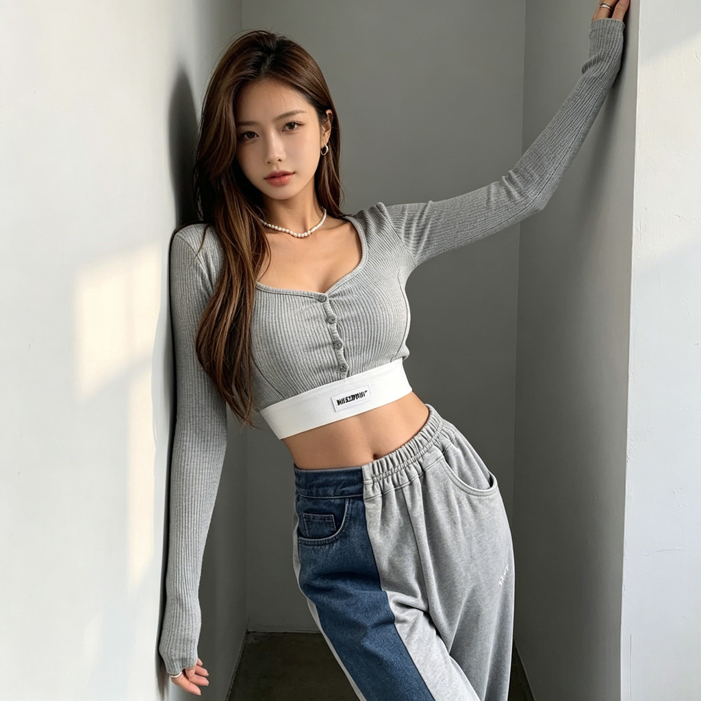 Milyfahion Màu Sắc Tương Phản Chắp Vá Webbing Ngắn Top Slim-fit Cổ Vuông Cắt Thấp T Áo Phông Cho Bé Dài Tay