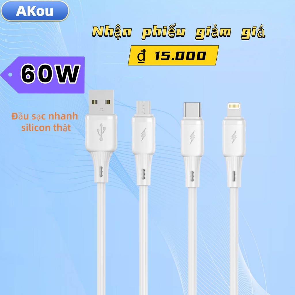 Cáp USB C sang đèn 60W cho17promax 16-8p, Cáp sạc nhanh Type-C 60W cho Samsung Huawei, Cáp Micro USB cho android