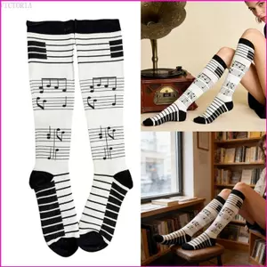 VIC Nhật Bản Hình Học Piano Chìa Khóa Dài Đầu Gối Tất Cotton Chủ Đề Âm Nhạc Opaque Trên Bê Vớ Dành Cho Nữ Và G
