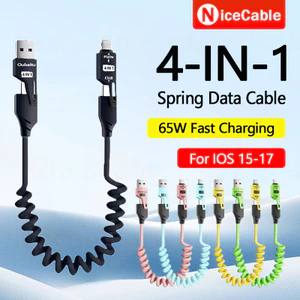 Cáp dữ liệu lò xo có thể thu vào 4 trong 1 65W Cáp dữ liệu sạc siêu nhanh USB / Type C sang Type C / IOS Cáp dữ liệu sạc cho điện thoại Máy tính bảng, máy tính xách tay