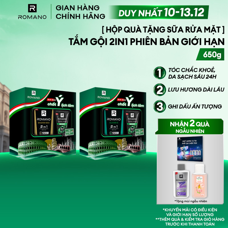 Tắm gội cho nam 2 trong 1 hương Nước hoa nam Romano 2in1 650g/chai