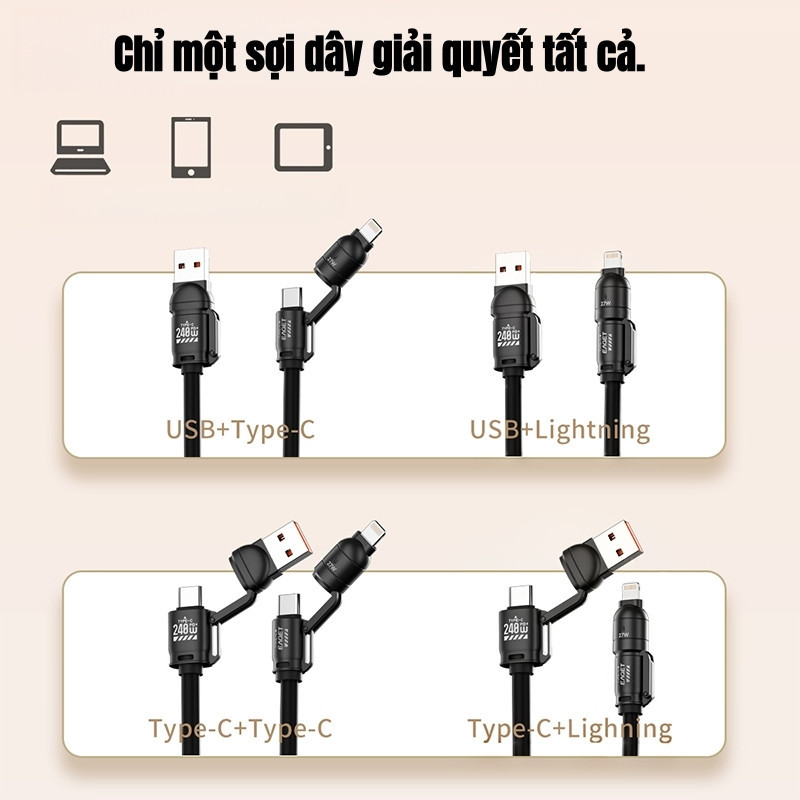 Cáp Sạc Nhanh 240W  Tốc độ sạc gấp  4 Trong 1, kim loại cao cấp,  bán chạy nhất