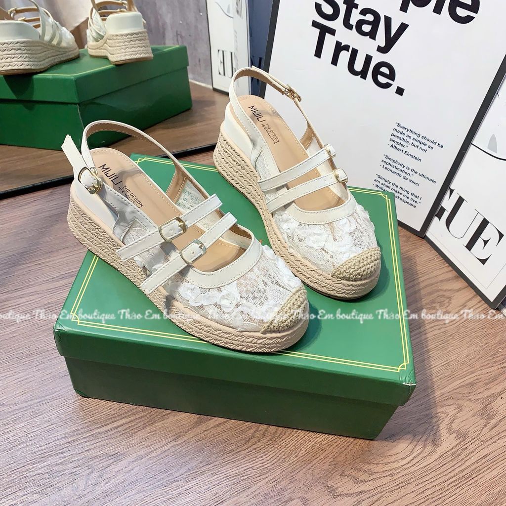 [Thảo Em - XD78-5] Sandal xuồng nữ quai hậu ren lưới đế cao su non giả cói 7cm mẫu mới