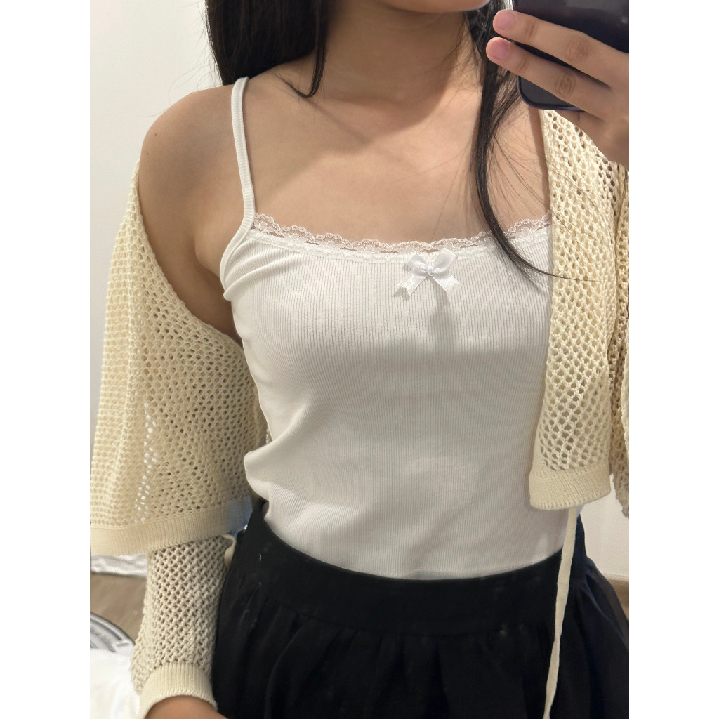 Áo 2 dây ren nơ phong cách Hàn Quốc chất thun co dãn mặc hè