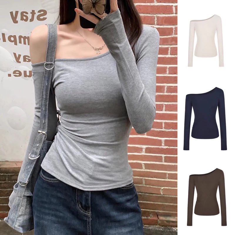 Áo Lệch Vai Kiểu Dài Tay ôm body siêu Quyến Rũ vải thun zip mịn cho nữ M658