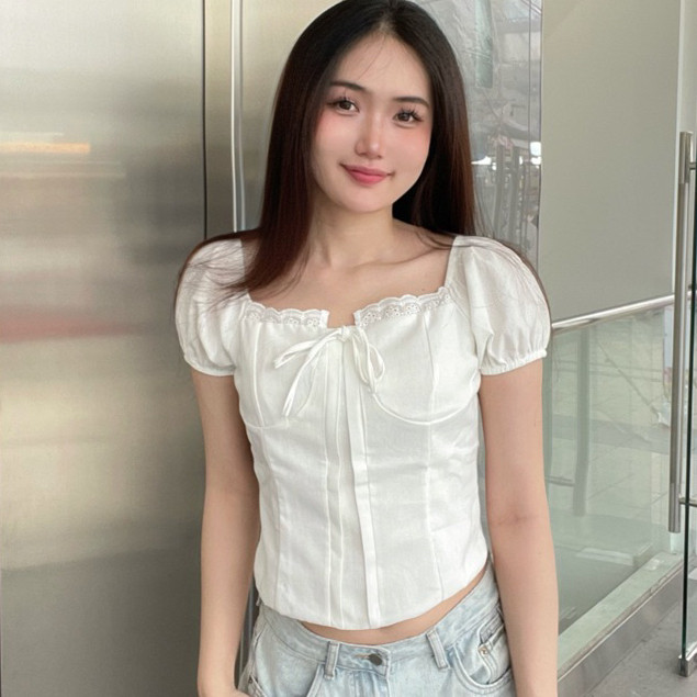 Áo babydoll nữ kiểu Linen tay phồng nơ ngực công chúa phong cách  M380