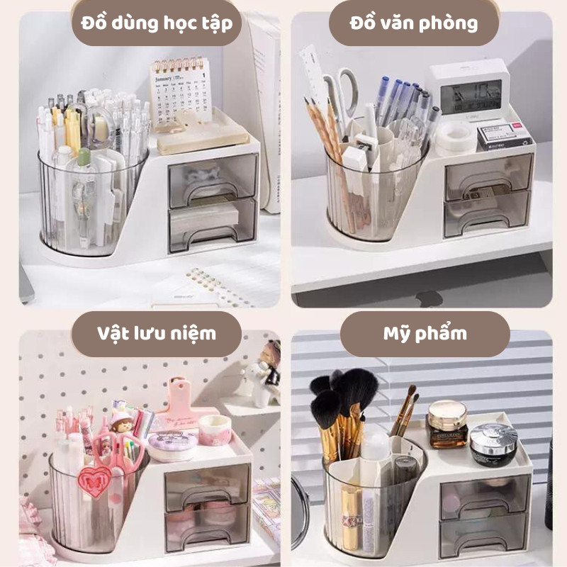 Hộp Đựng Bút Thông Minh Xoay 360° Kèm 2 Tầng Ngăn Kéo, Đựng Đồ Gọn Gàng, Tiện Dụng