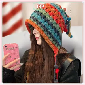 Mũ đỏ nữ handmade mùa đông, dệt kim bảo vệ tai, ngọt ngào và ấm áp