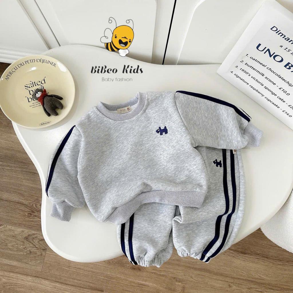 BiBeo Kids BỘ QUẦN ÁO NỈ THỂ THAO THÊU CÚN PHỐI SỌC XANH cho bé trai