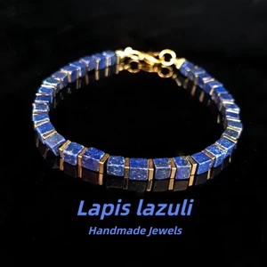 Vòng tay Lapis Lazuli tự nhiên - Hạt hình khối có tông màu vàng - Quà tặng Unisex thủ công-Ready