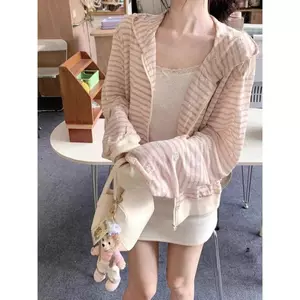 Mùa hè Phong cách mới sọc trắng hồng dài tay dành cho nữ có mũ trùm đầu Áo khoác Cardigan in nơ dáng rộng thường ngày