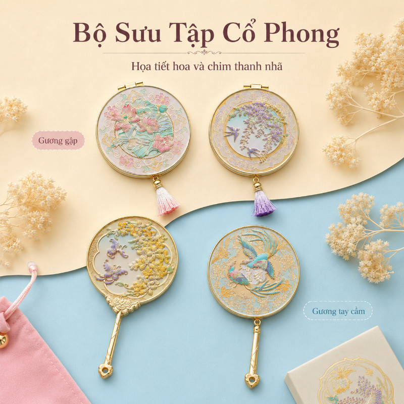 Gương Cầm Tay Họa Tiết Cổ Trang – Mini, Tinh Xảo, Quà Tặng Sang Trọng Cho Bạn Gái