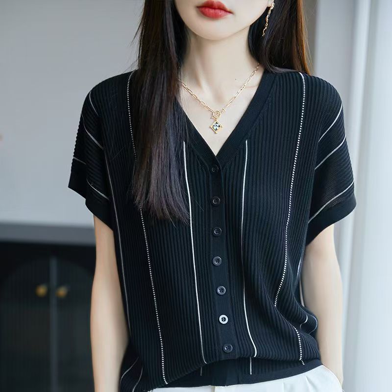 Áo len cổ chữ V sọc phong cách mới nhất mùa hè dành cho nữ | Áo thun ngắn tay nữ dáng ôm hơn, nhẹ nhàng sang trọng che phủ thịt mùa hè, màu sắc tương phản thanh lịch kiểu Pháp