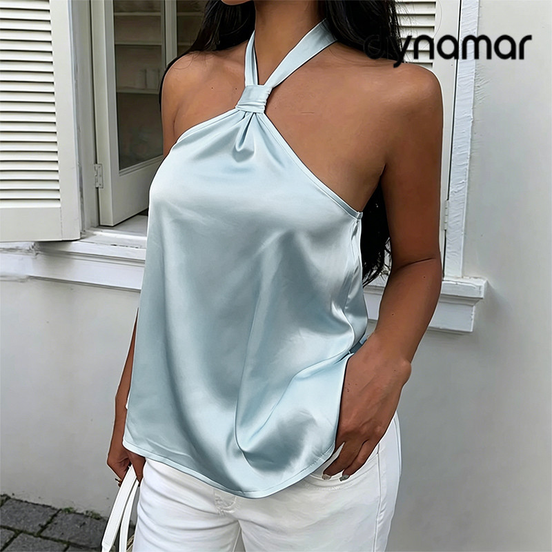 【dynamar】Áo vest gợi cảm chất liệu satin kiểu yếm dành cho nữ hở lưng buộc dây sành điệu thời trang