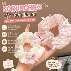 Scrunchies cột tóc caro pastel đính nơ ngọc trai dễ thương mềm nhẹ co giãn tốt cho nữ