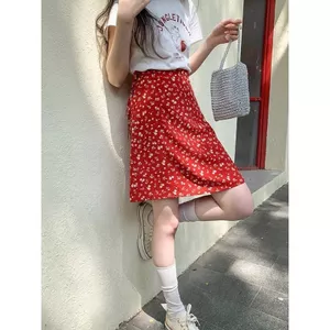 Kích thước lớn mùa hè Drapey Cover Thịt cạp cao Váy voan hoa màu đỏ dành cho nữ