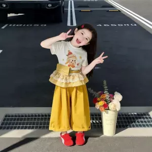 Bé gái mùa hè phong cách mới Phong cách công chúa Ngôi sao Người khâu áo thun ngắn tay + Quần ống rộng thời trang Bộ đồ hai mảnh