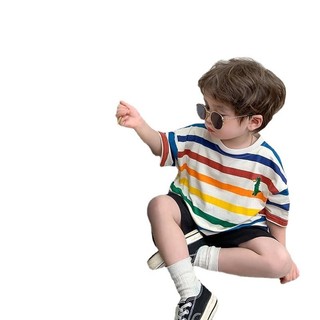 Trẻ Em Mùa Hè Phong Cách Mới Cotton Nguyên Chất Cầu Vồng Sọc Áo Thun Ngắn Tay Bé Trai Hoạt Hình Khủng Long Nửa Tay Top Bé Gái Thoải Mái Thoáng Khí Đáy Áo Sơ Mi