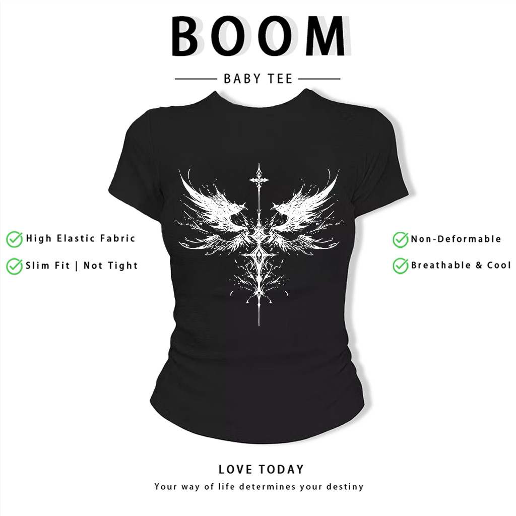 BOOM Áo Baby Tee Nữ Cotton Ôm Body-Áo Thun Ngắn Tay Y2K In Hình PhongCách Mùa Hè, Cổ Tròn Hàng Đầucách hàn quốc phongU16