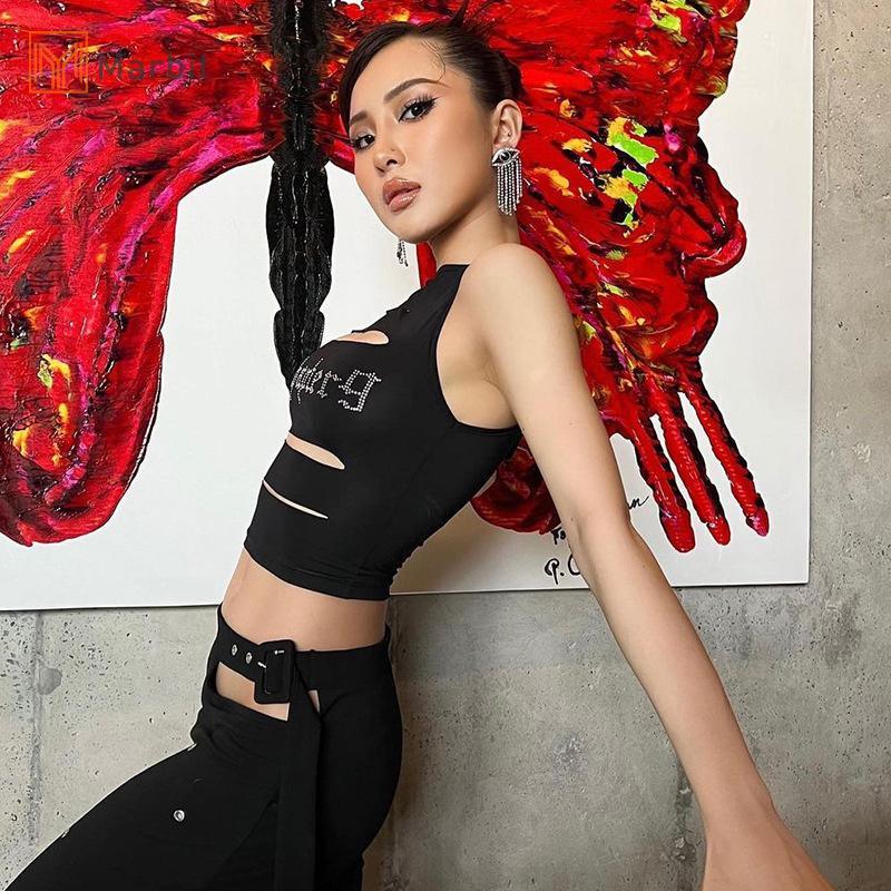 Marbit Nữ Thời Trang Y2K Dạo Phố Thời Trang Không Đều Rỗng Ra Cổ Tròn Gợi Cảm Chặt Tay Crop Tank Tops Mới