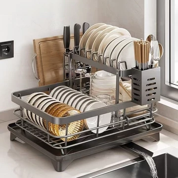 Kệ Để Chén Bát Đĩa Khung Thép Carbon, Kệ Để Đồ Nhà Bếp 2 Tầng Có Khay Hứng Nước Kệ Để Chén Bát Đĩa Thép Carbon Kệ Để Đồ Nhà BếP 2 Tầng