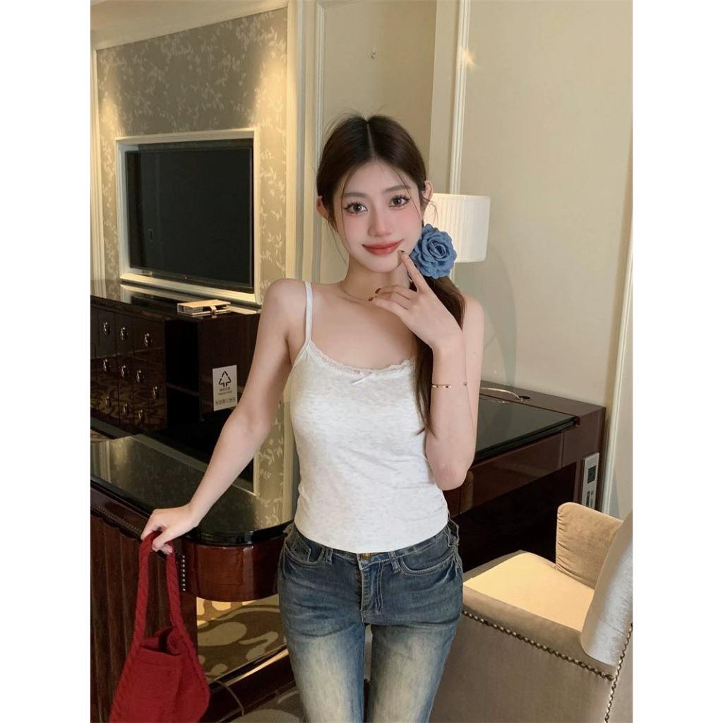 Áo 2 dây ren nơ phong cách Hàn Quốc chất thun co dãn mặc hè