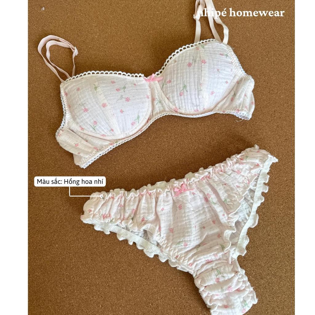 Set bộ đồ lót xô Muslin nhipé homewear họa tiết hoa dễ thương phối ren, có gọng mút tháo lắp mút, chât mềm mịn thoáng