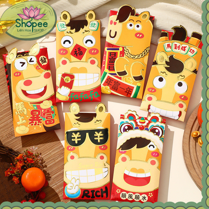 Set 6 Bao Lì Xì Cao Cấp Tết 2026 – Lì Xì Hình Ngựa Vàng May Mắn, Tài Lộc, Thiết Kế Dễ Thương